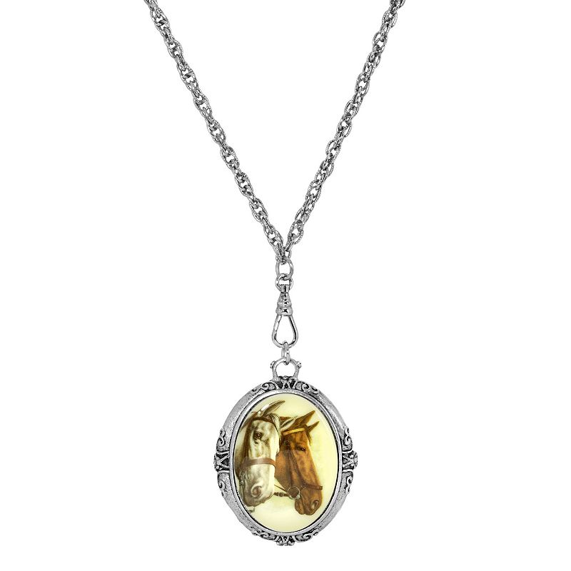 1928 Silver Tone Vintage Horse Medallion Necklace, Womens, Brown