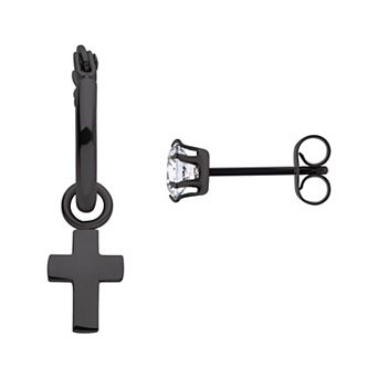 Cross Hoop Drop & Cubic Zirconia Stud Mismatched Earrings