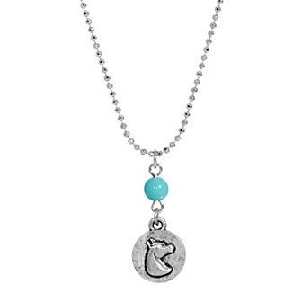 1928 Silver Tone Simulated Turquoise Horse Medallion Necklace