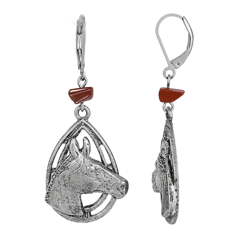 1928 Pewter Brown Bead Horse Head Earring, Womens, Red