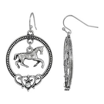 1928 Silver Tone Horse Orbital Drop Earrings