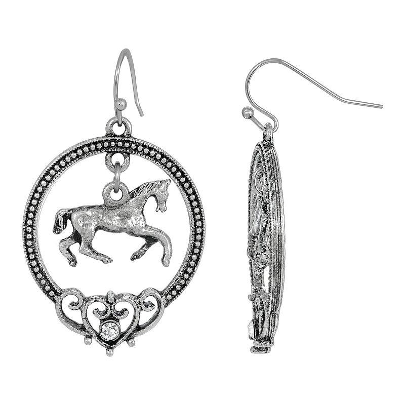 1928 Silver Tone Horse Orbital Drop Earrings, Womens