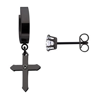 Cross Ion-Plated Stainless Steel Hoop Drop & Cubic Zirconia Stud Mismatched Earrings