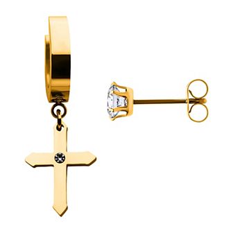 Cross Ion-Plated Stainless Steel Hoop Drop & Cubic Zirconia Stud Mismatched Earrings