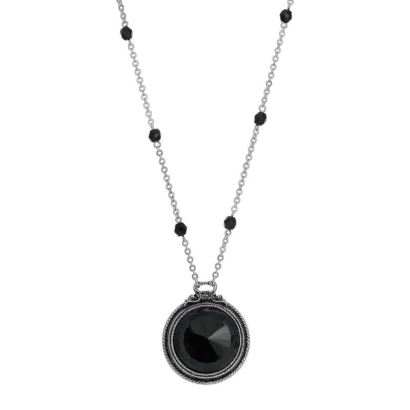 1928 Silver Tone Black Beaded Medallion Necklace, Womens