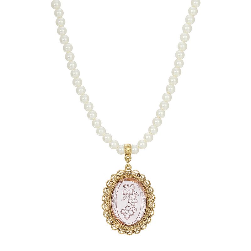 1928 Gold Tone Simulated Pearl Light Purple Intaglio Pendant Necklace, Wome