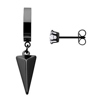 Ion-Plated Stainless Steel Hoop Drop & Cubic Zirconia Stud Mismatched Earrings