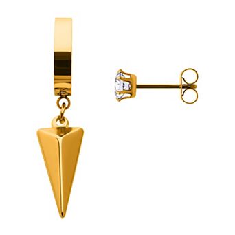 Ion-Plated Stainless Steel Hoop Drop & Cubic Zirconia Stud Mismatched Earrings