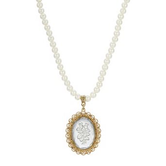 1928 Gold Tone Simulated Pearl Clear Intaglio Pendant Necklace