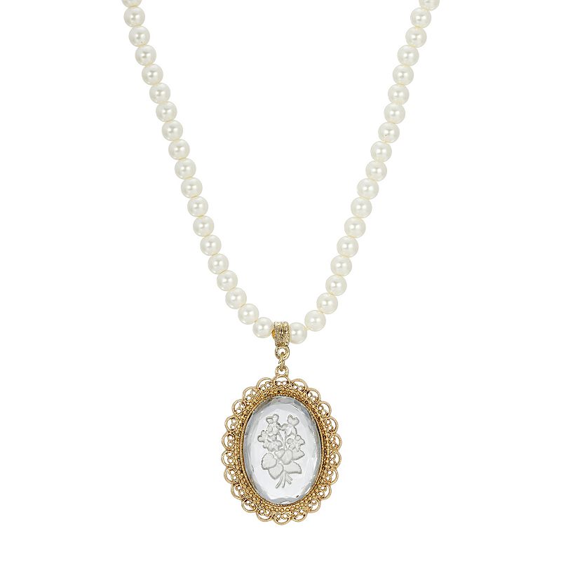 1928 Gold Tone Simulated Pearl Clear Intaglio Pendant Necklace, Womens, Wh
