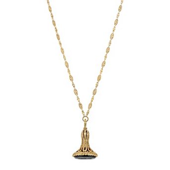 1928 Gold Tone Black Intaglio Bell-Shaped Pendant Necklace