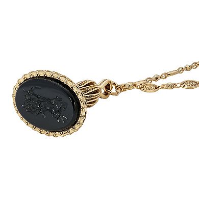 1928 Gold Tone Black Intaglio Bell-Shaped Pendant Necklace
