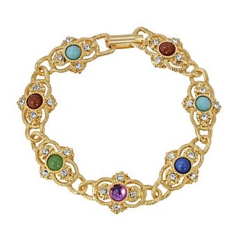 1928 Gold Tone Multi Color Simulated Stone Link Bracelet