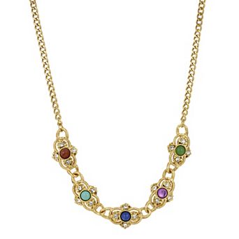 1928 Gold Tone Multi Color Simulated Stone Collar Necklace