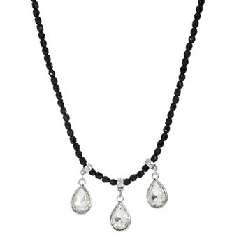 1928 Silver Tone Black Bead Crystal Trio Teardrop Necklace