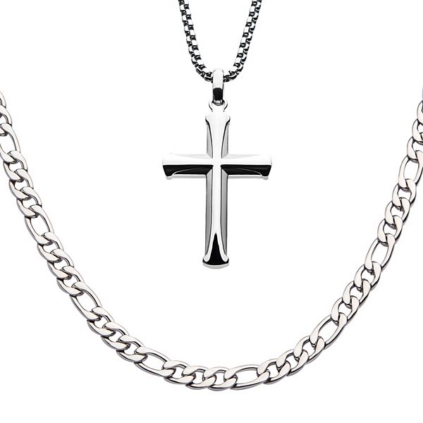 Stainless Steel Cross Pendant & Figaro Chain Necklace