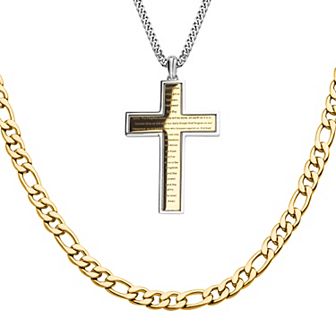 DANTE Gold Tone Ion-Plated Stainless Steel Cross Pendant & Figaro Chain Necklace