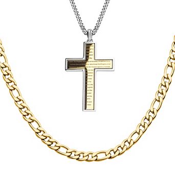 DANTE Gold Tone Ion-Plated Stainless Steel Cross Pendant & Figaro Chain Necklace