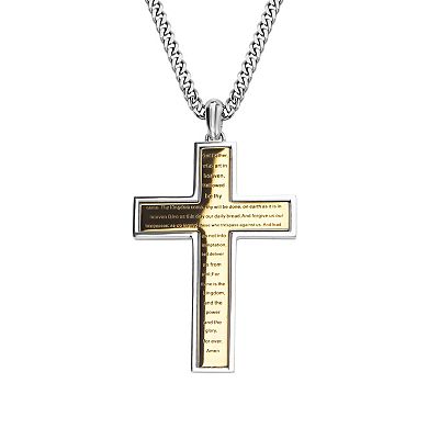 Gold Tone Ion-Plated Stainless Steel Cross Pendant & Figaro Chain Necklace