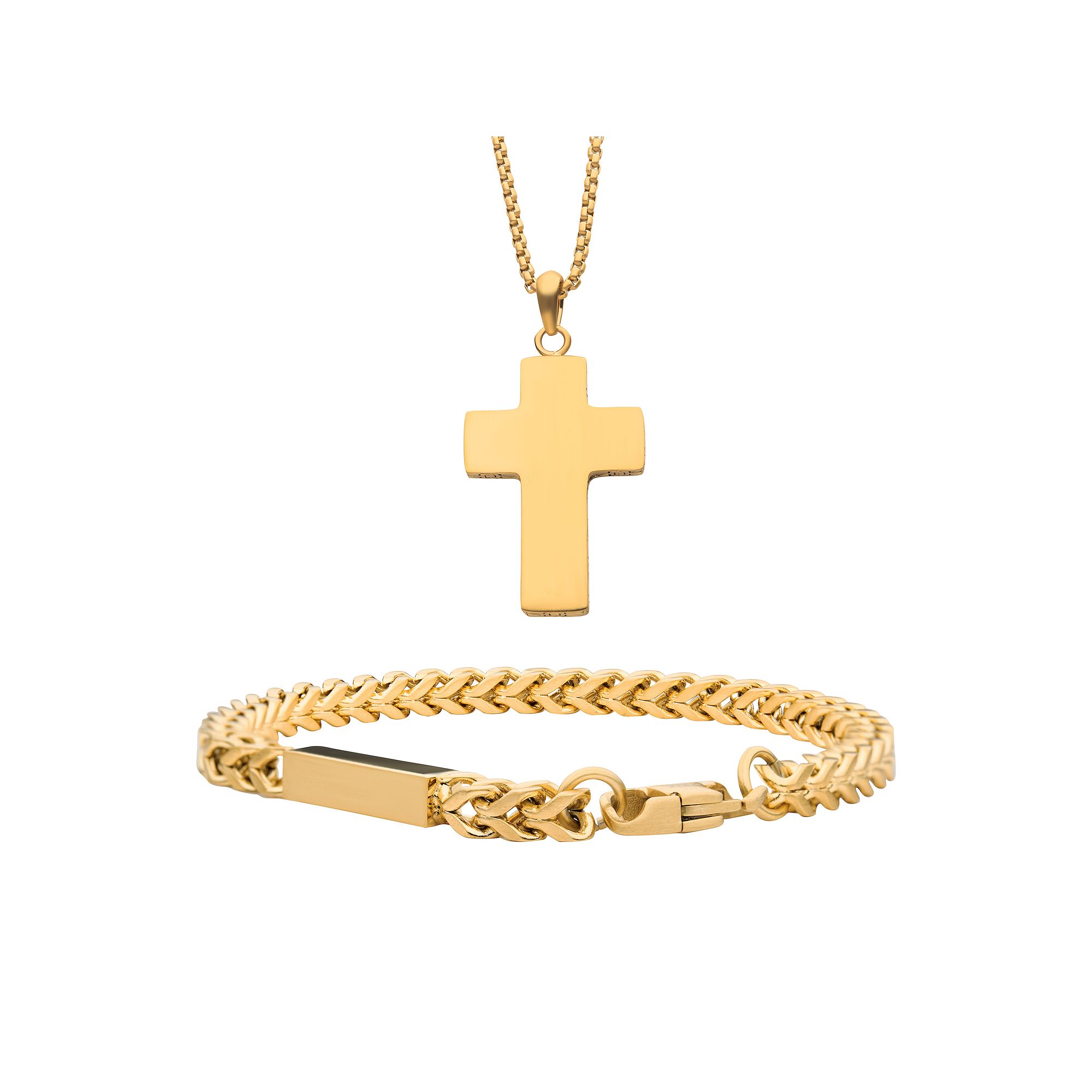 Gold Tone Ion-Plated Cross Pendant Necklace & Engravable Bracelet Set, Men