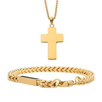 DANTE Gold Tone Ion-Plated Cross Pendant Necklace & Engravable Bracelet Set