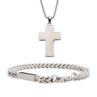 DANTE Gold Tone Ion-Plated Cross Pendant Necklace & Engravable Bracelet Set