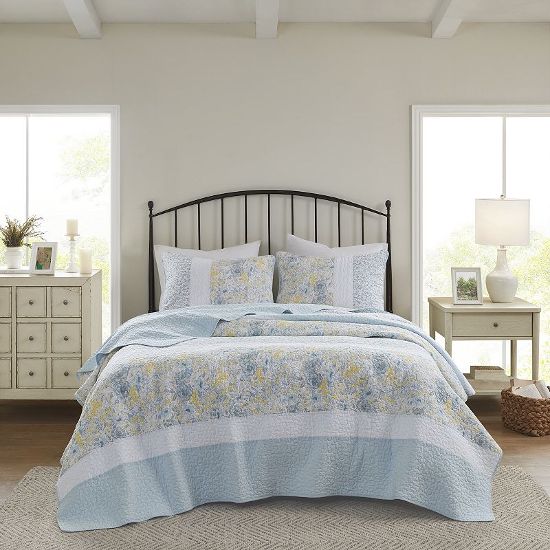 Madison Park Ava 3-Piece Reversible Cotton Quilt Set with Shams, Turquoise/