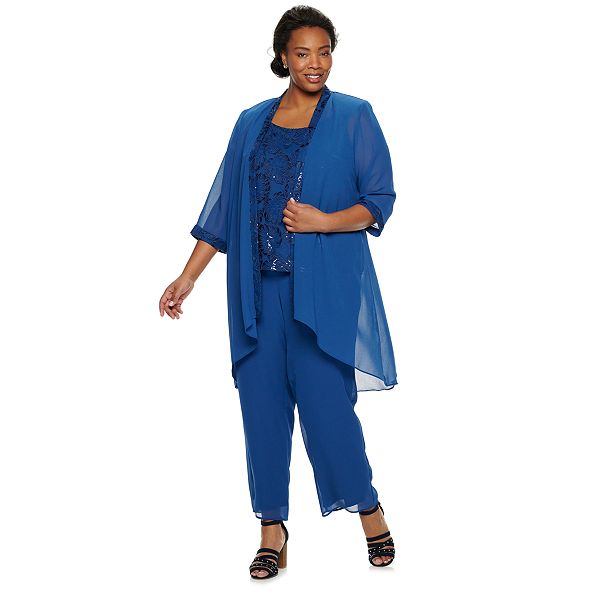 Plus Size Le Bos 3-piece Embroidered Top, Duster Jacket & Pants Set