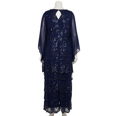 Plus Size Le Bos Kimono-Sleeve Sparkly Tiered Gown