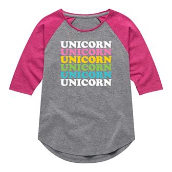 Girls 7-16 Repeat Unicorn Text Raglan Graphic Tee