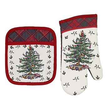 Spode Christmas Tree Tartan Pot Holder & Oven Mitt Set