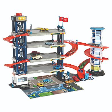 Dickie Toys Parking Garage Playset With 4 Die-Cast Cars And Die-Cast Helicopter