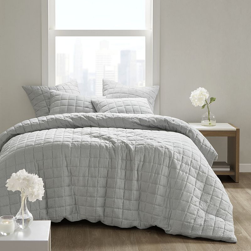 N Natori Cocoon Quilt Top Oversized Comforter Set with Shams, Grey, Full/Qu