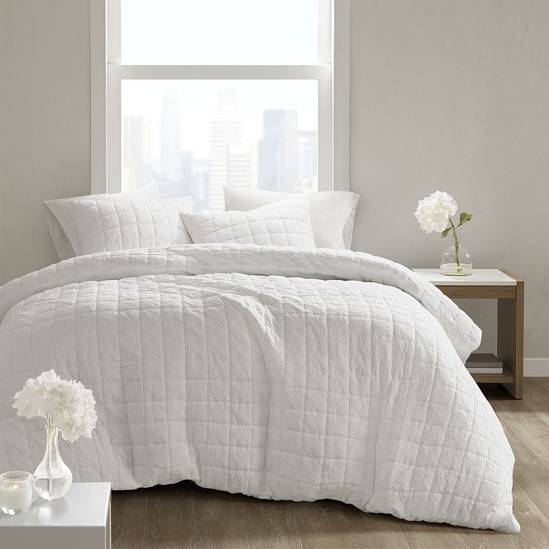 N Natori Cocoon Quilt Top Oversized Comforter Set with Shams, White, Full/Q