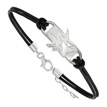 LogoArt San Jose Sharks Sterling Silver Black Leather Bracelet