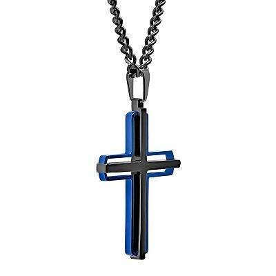 Steel Nation Men's Black & Blue Ion-Plated Stacked Cross Pendant