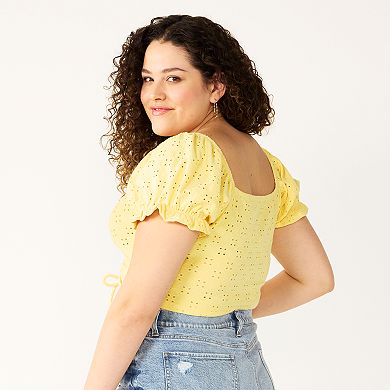Juniors' Plus Size SO® Cinched Front Puff Sleeve Top