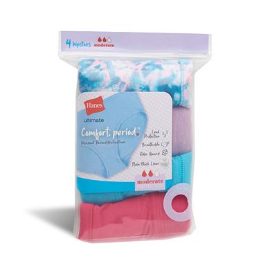Girls Hanes® 4 Pack Ultimate Comfort Moderate Leaks Period Panties Hipsters Underwear