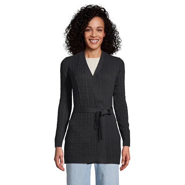 Women s Lands End Cable Knit Tie Front Cardigan Sweater