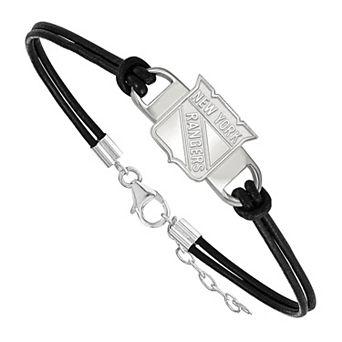 LogoArt New York Rangers Sterling Silver Black Leather Bracelet