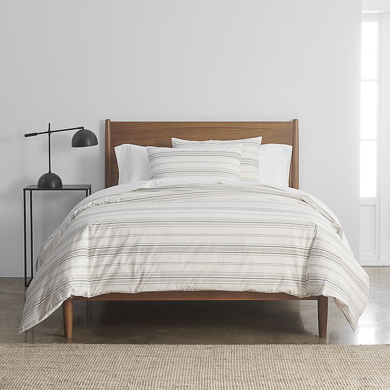 Simply Subtle Stripe Print Cotton Percale Duvet Cover Set with Shams, Beig/