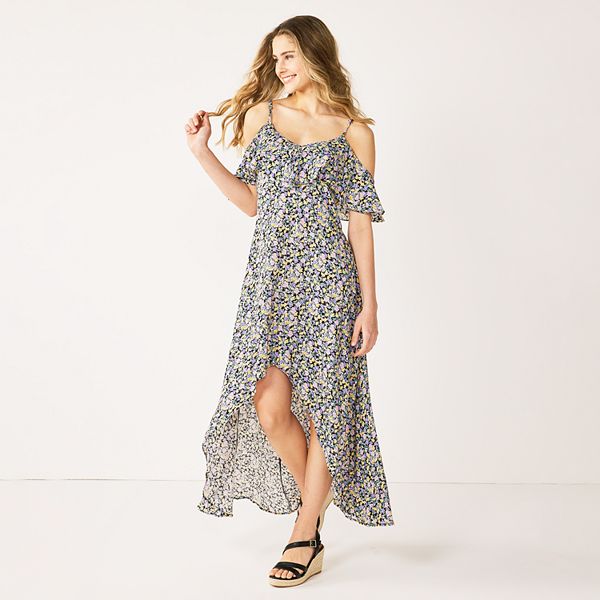Juniors' Rewind Ruffled OffTheShoulder HighLow Maxi Dress