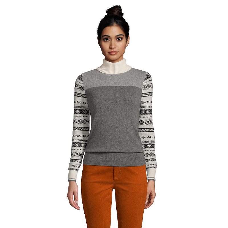 Womens Lands End Cashmere Print Turtleneck Sweater, Size: XL, Grey