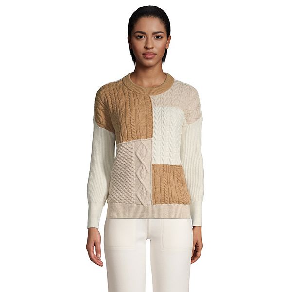 Women's Lands' End Colorblock CableKnit Crewneck Sweater