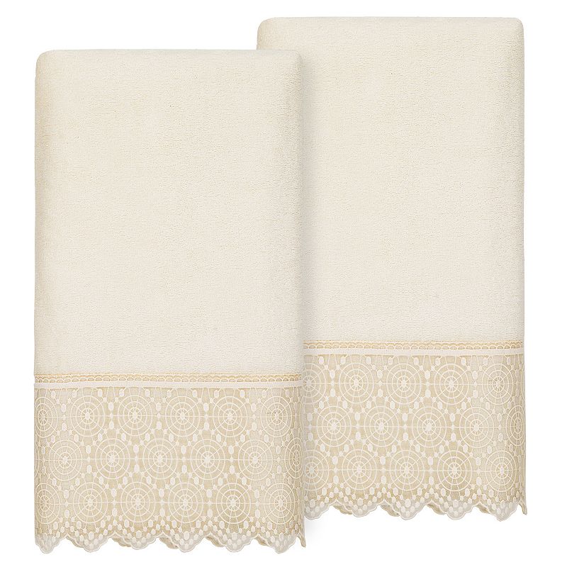 Linum Home Textiles Turkish Cotton Arian 2-piece Cream Lace Embellished Bath Towel Set, Ivory