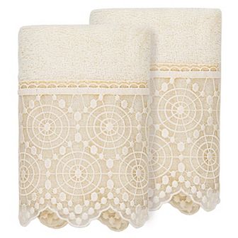 Linum Home Textiles Turkish Cotton Arian 2 pc Cream Lace Embellished Washcloth Set