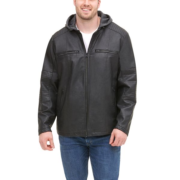 Big & Tall Levi's® Faux Leather Quilted Racer Jacket With Jersey Hood