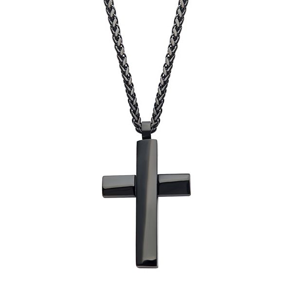 Men's Black Ion-Plated Beveled Cross Pendant Necklace