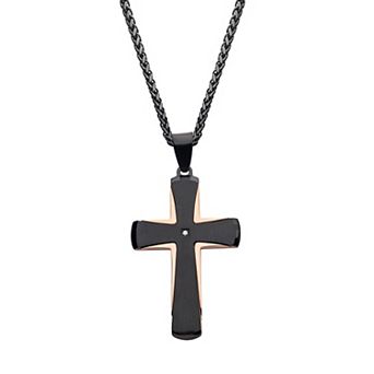 Men's Two-Tone Ion-Plated Stainless Steel Cross Pendant Necklace with Cubic Zirconia Accent