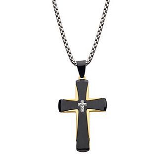 Men's Black & Gold Tone Ion-Plated Stainless Steel Cross Pendant Necklace with Cubic Zirconia Accents